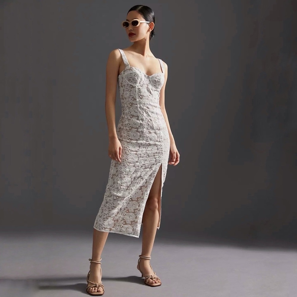 Anthropologie Hutch Slim Lace Corset High Slit Forrest Green Midi Dress Size 8